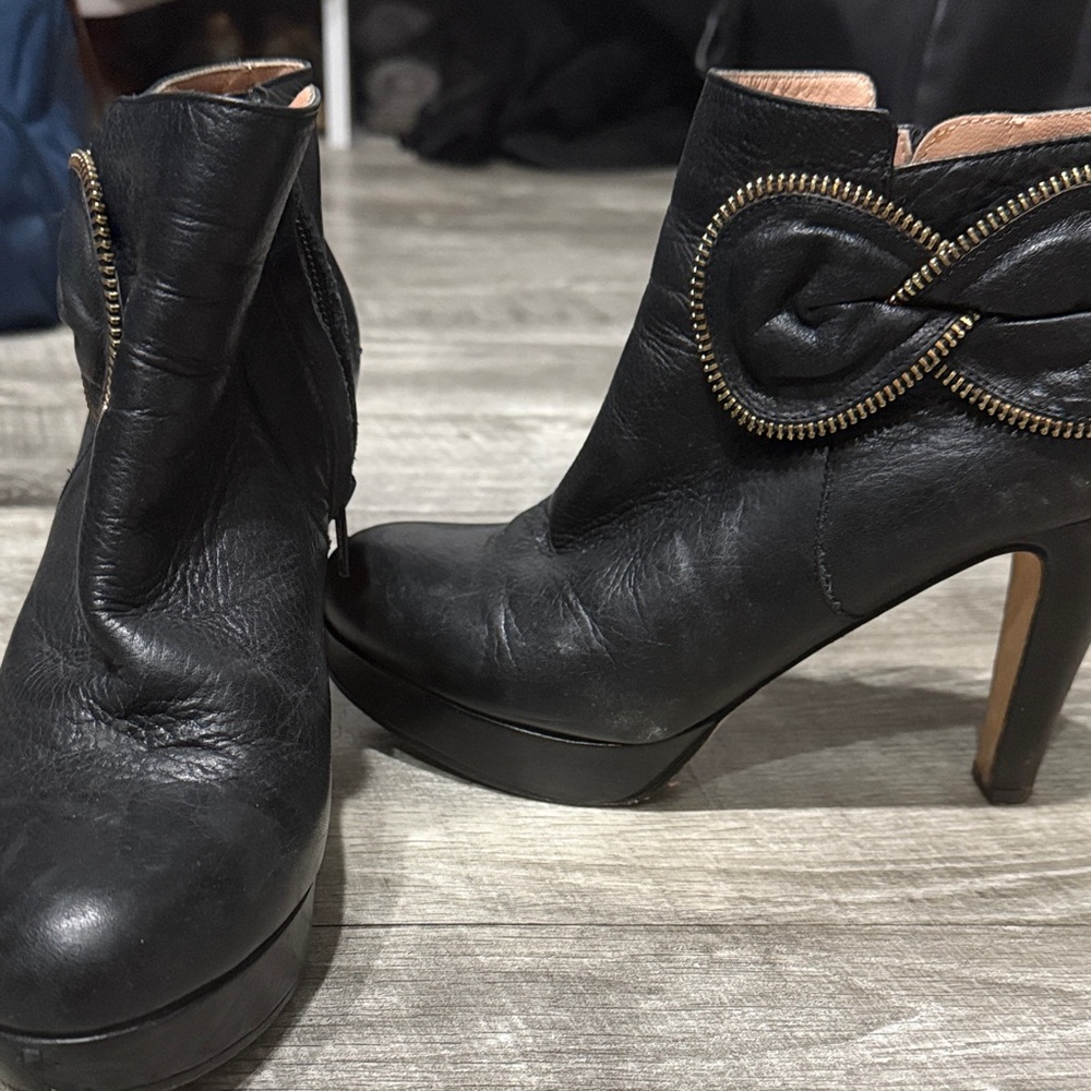 See By Chloe Black Leather Heeled Boots with Bow Detail